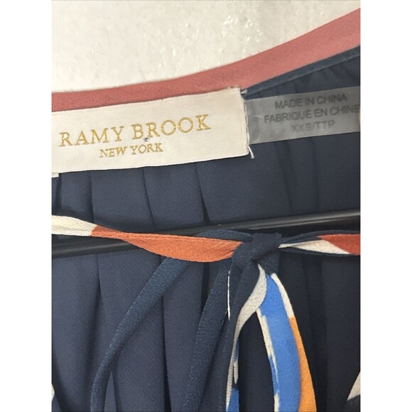 Ramy Brook Geometric Tassel-Tie Top XXS Navy Brown Balloon Sleeve Art to Wear - Picture 3 of 4